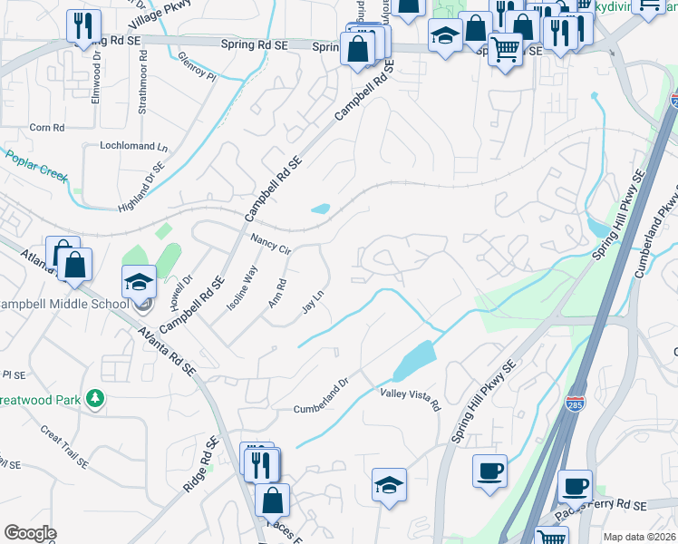 map of restaurants, bars, coffee shops, grocery stores, and more near 2308 Jay Lane in Smyrna