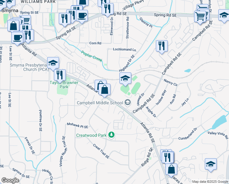 map of restaurants, bars, coffee shops, grocery stores, and more near 1528 Paces Ferry North Drive Southeast in Smyrna