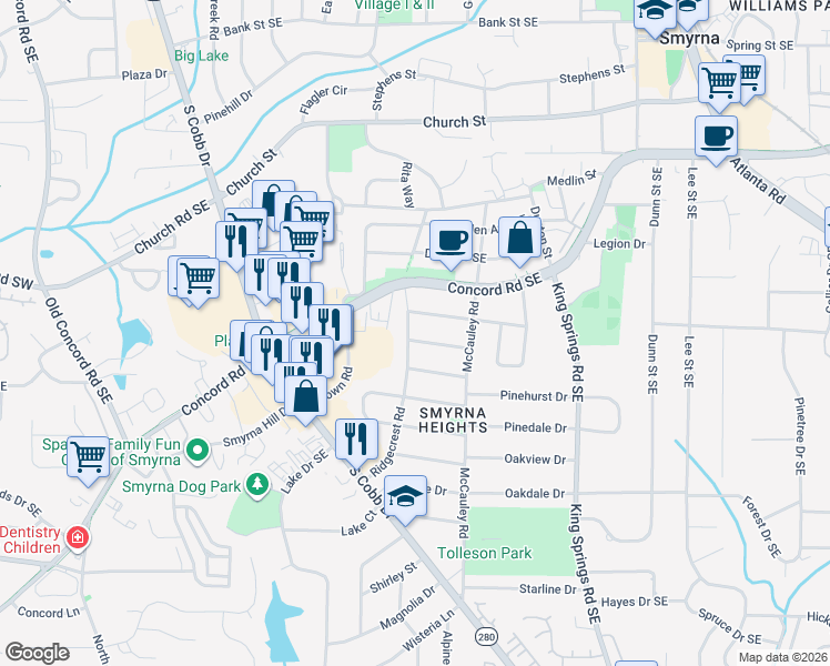 map of restaurants, bars, coffee shops, grocery stores, and more near 985 Manor Drive in Smyrna