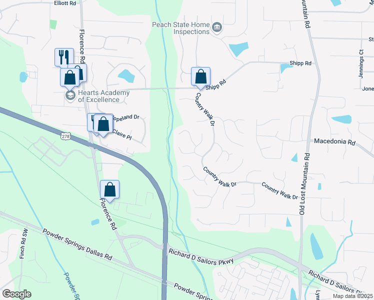 map of restaurants, bars, coffee shops, grocery stores, and more near 4856 Saddlerun Lane in Powder Springs