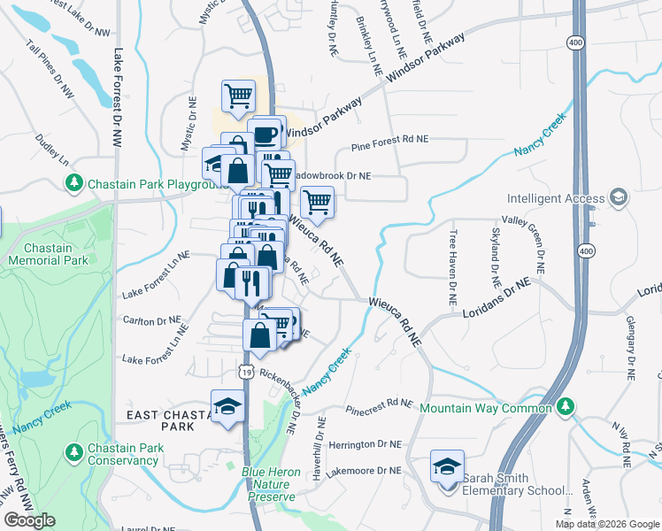 map of restaurants, bars, coffee shops, grocery stores, and more near 340 West Wieuca Road Northeast in Atlanta