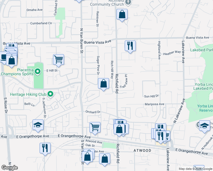 map of restaurants, bars, coffee shops, grocery stores, and more near 17541 Pine Circle in Yorba Linda