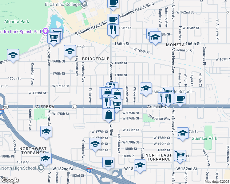 map of restaurants, bars, coffee shops, grocery stores, and more near 17208 Crenshaw Boulevard in Torrance
