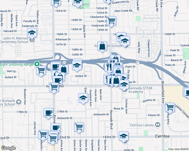 map of restaurants, bars, coffee shops, grocery stores, and more near 17219 Horst Avenue in Cerritos