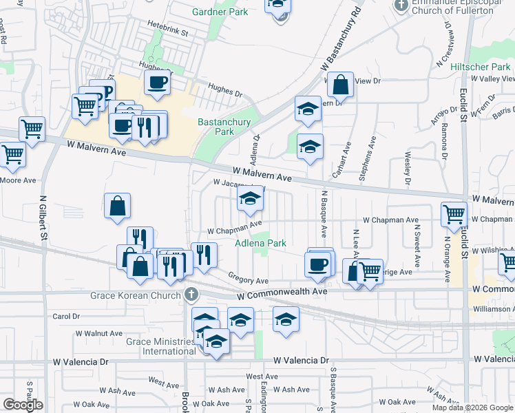 map of restaurants, bars, coffee shops, grocery stores, and more near 420 Adlena Drive in Fullerton