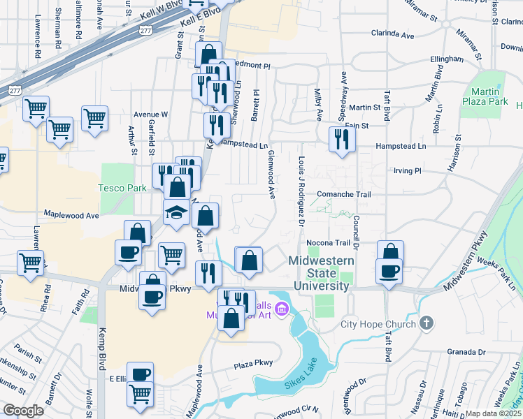 map of restaurants, bars, coffee shops, grocery stores, and more near 2 Hickory Downs Street in Wichita Falls