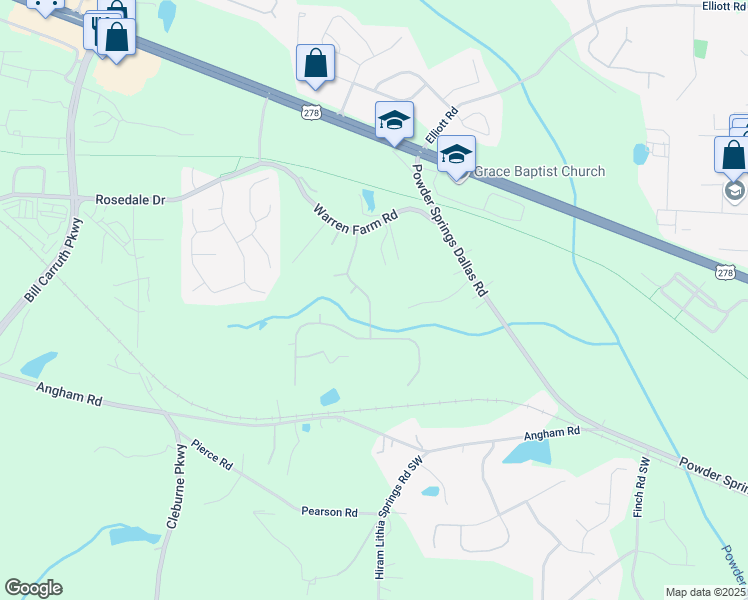 map of restaurants, bars, coffee shops, grocery stores, and more near 3240 Warren Creek Drive in Hiram