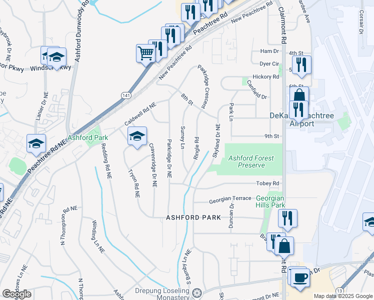 map of restaurants, bars, coffee shops, grocery stores, and more near 2949 Surrey Lane in Chamblee