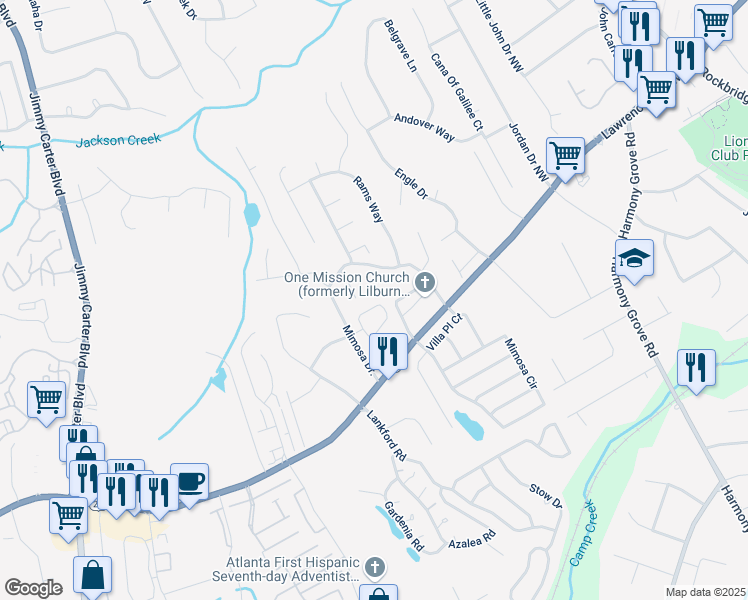 map of restaurants, bars, coffee shops, grocery stores, and more near 271 Triple Oaks Drive in Tucker