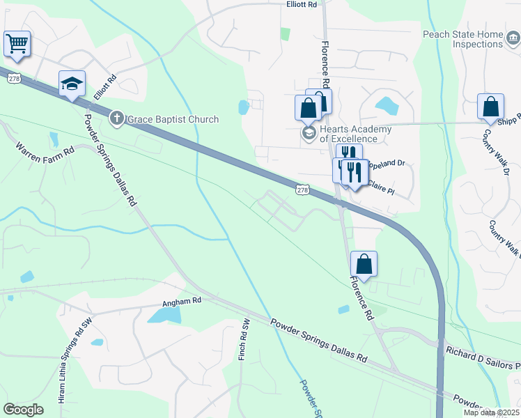 map of restaurants, bars, coffee shops, grocery stores, and more near 3391 Thornbridge Drive in Powder Springs