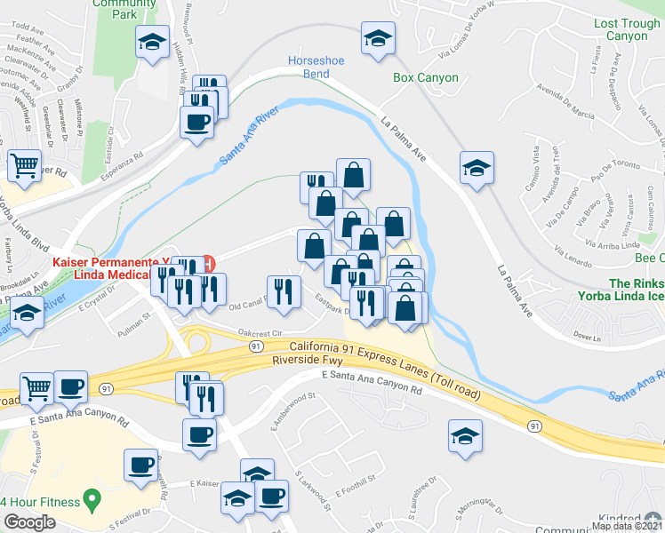 map of restaurants, bars, coffee shops, grocery stores, and more near 22840 Savi Ranch Parkway in Yorba Linda