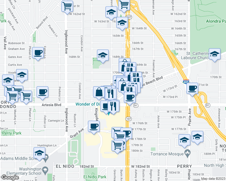 map of restaurants, bars, coffee shops, grocery stores, and more near 17202 Grevillea Avenue in Lawndale