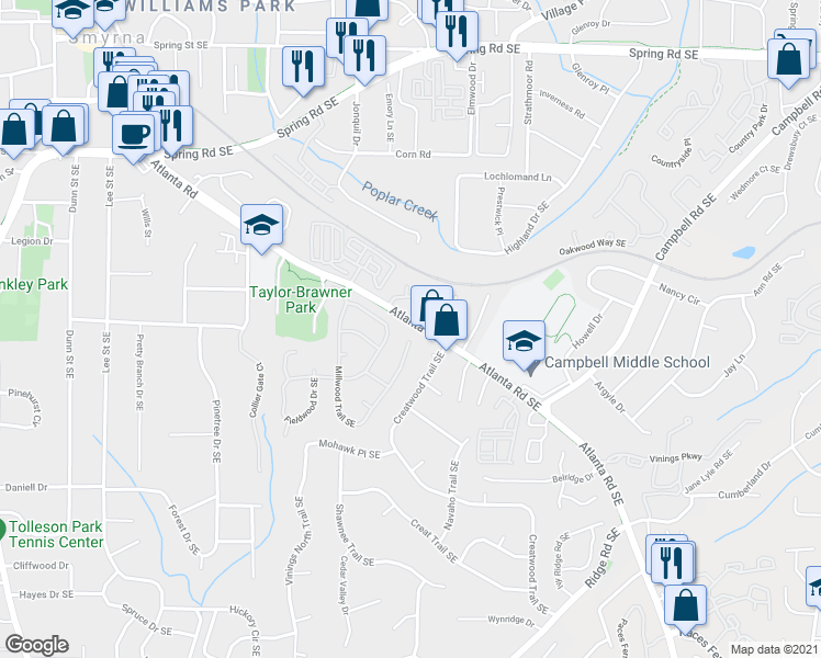 map of restaurants, bars, coffee shops, grocery stores, and more near 3297 Millwood Trail Southeast in Smyrna