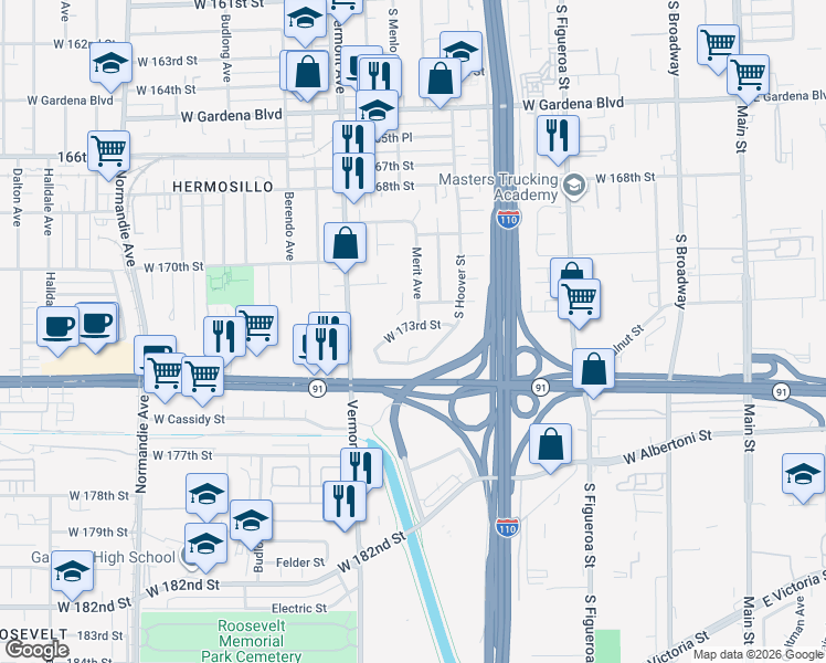 map of restaurants, bars, coffee shops, grocery stores, and more near 806 West 173rd Street in Gardena