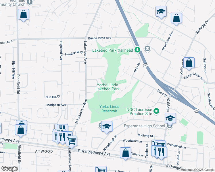 map of restaurants, bars, coffee shops, grocery stores, and more near in Yorba Linda