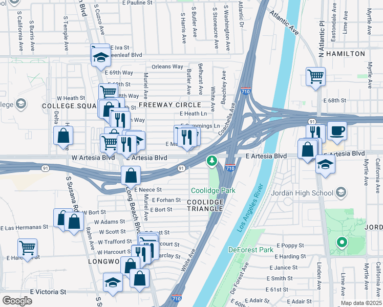 map of restaurants, bars, coffee shops, grocery stores, and more near 301 East Artesia Boulevard in Long Beach