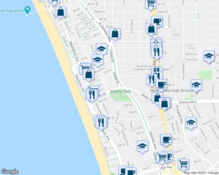 map of restaurants, bars, coffee shops, grocery stores, and more near 424 28th Street in Hermosa Beach