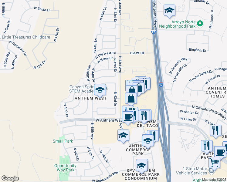 map of restaurants, bars, coffee shops, grocery stores, and more near 42928 North 43rd Drive in Phoenix