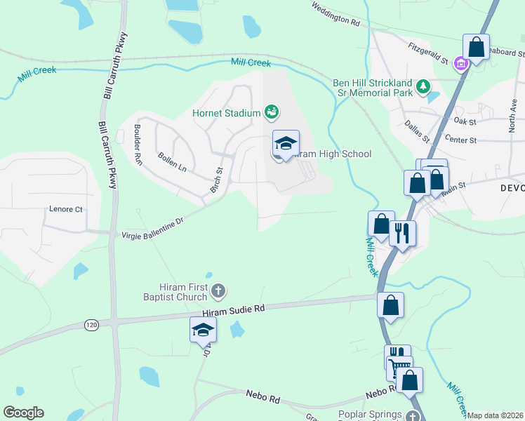map of restaurants, bars, coffee shops, grocery stores, and more near 99 Calm Waters Avenue in Hiram