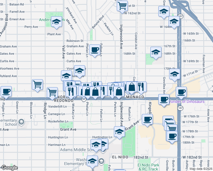 map of restaurants, bars, coffee shops, grocery stores, and more near 2608 Nelson Avenue in Redondo Beach