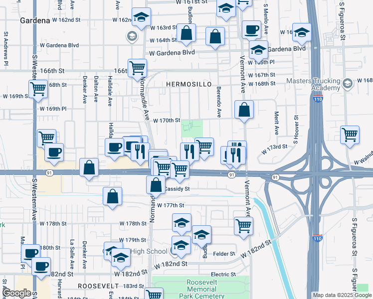 map of restaurants, bars, coffee shops, grocery stores, and more near 17100 South Park Lane in Gardena