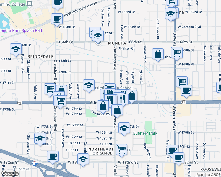 map of restaurants, bars, coffee shops, grocery stores, and more near 17128 Spinning Avenue in Torrance