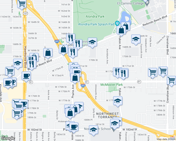 map of restaurants, bars, coffee shops, grocery stores, and more near 3849 West 172nd Street in Torrance