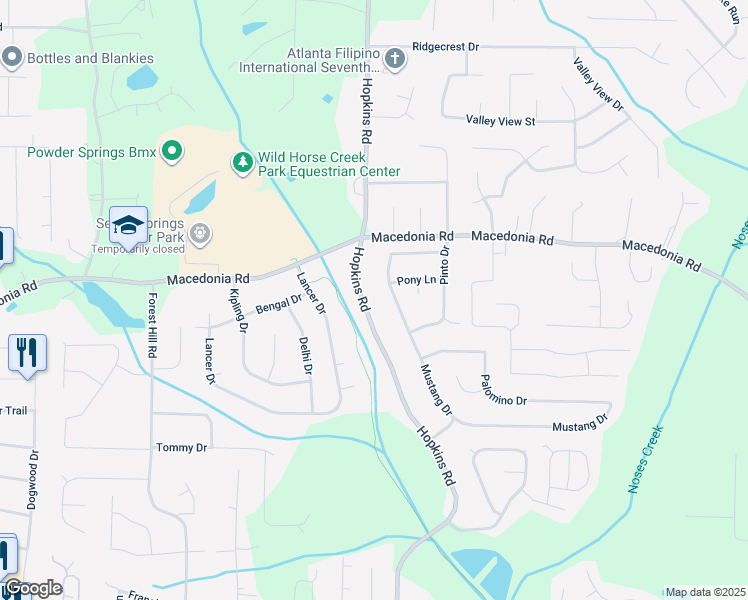 map of restaurants, bars, coffee shops, grocery stores, and more near 3241 Hopkins Road in Powder Springs