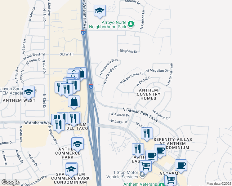 map of restaurants, bars, coffee shops, grocery stores, and more near 42937 North Outer Banks Court in New River