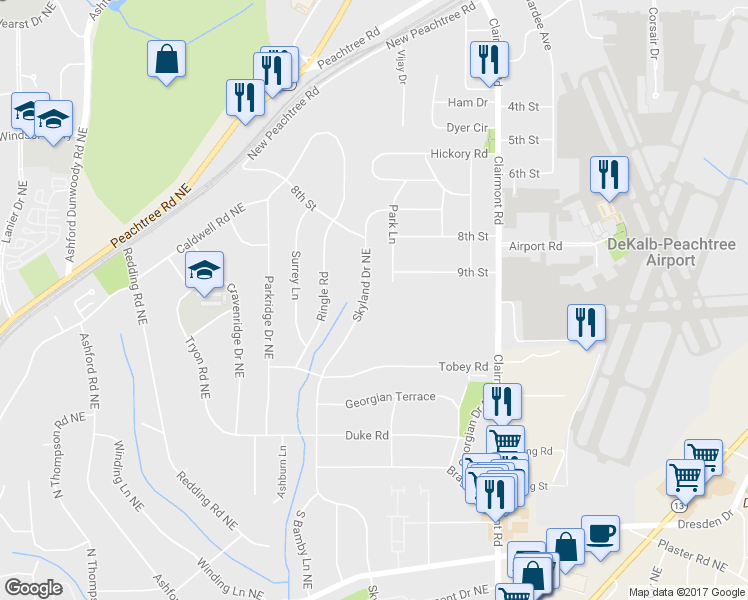 map of restaurants, bars, coffee shops, grocery stores, and more near 2997 Skyland Dr NE in Chamblee