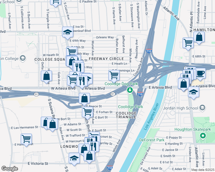 map of restaurants, bars, coffee shops, grocery stores, and more near 255 East Artesia Boulevard in Long Beach