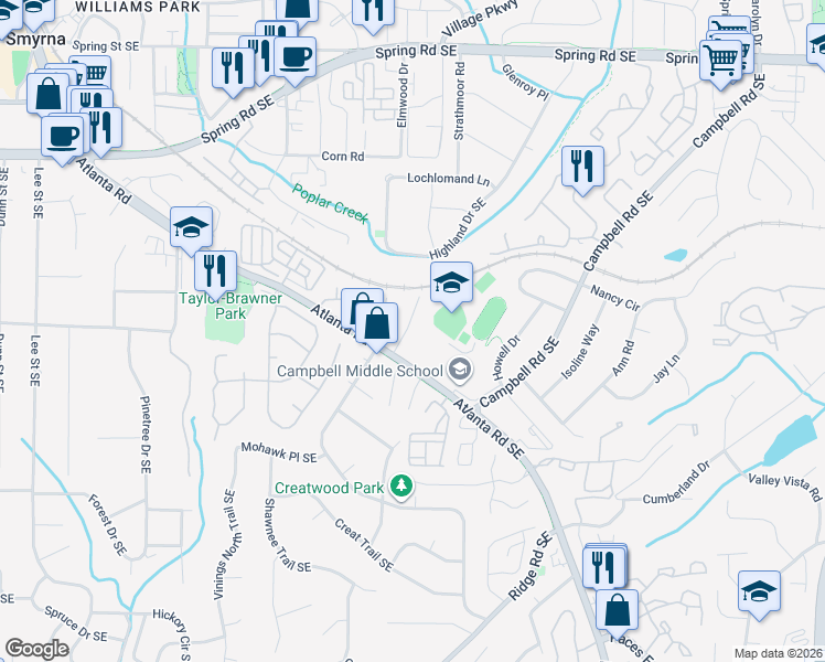 map of restaurants, bars, coffee shops, grocery stores, and more near 1530 Paces Ferry North Drive Southeast in Smyrna