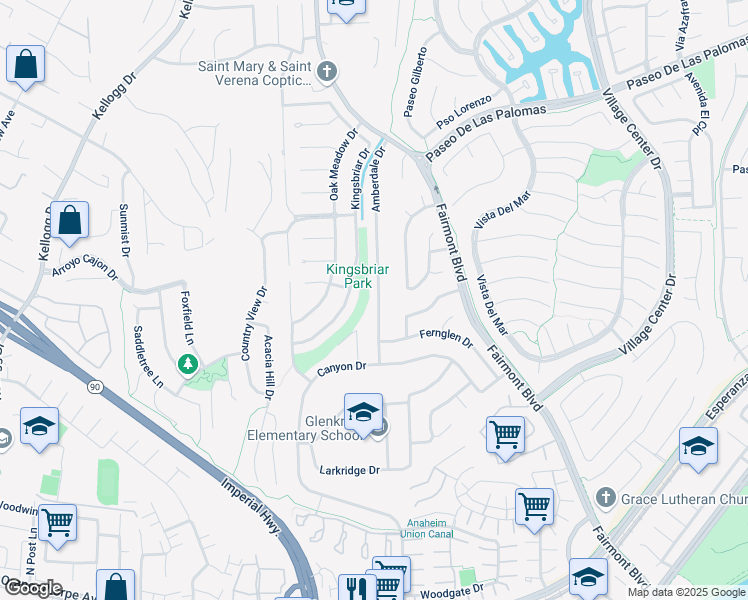 map of restaurants, bars, coffee shops, grocery stores, and more near 5961 Amberdale Drive in Yorba Linda