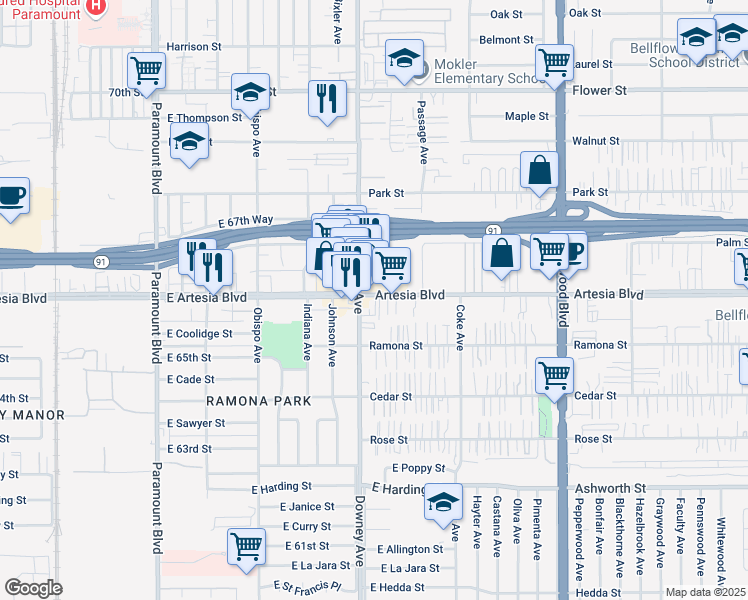 map of restaurants, bars, coffee shops, grocery stores, and more near 8514 Artesia Boulevard in Bellflower