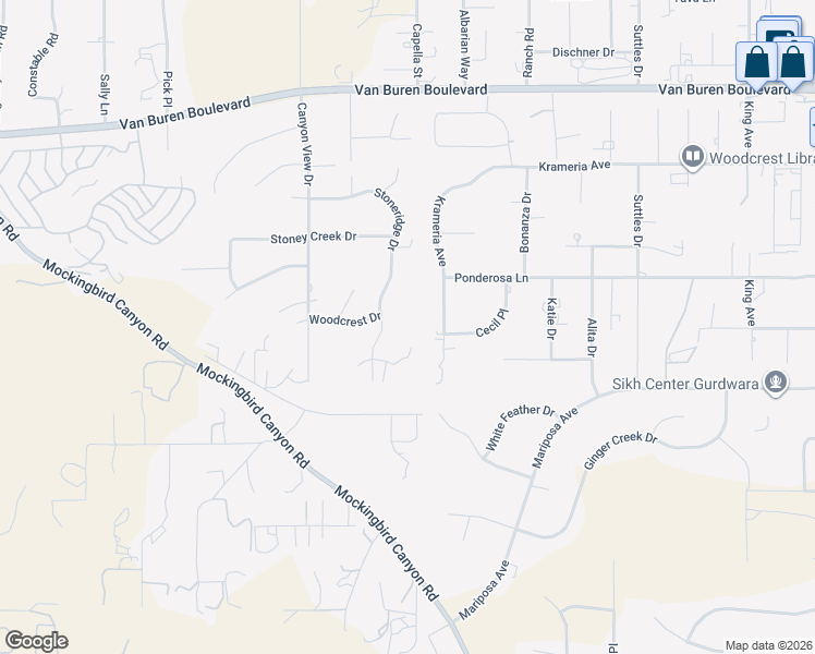 map of restaurants, bars, coffee shops, grocery stores, and more near 16220 Stoneridge Drive in Riverside