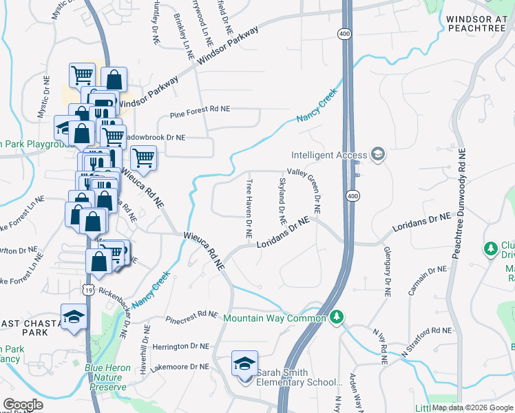 map of restaurants, bars, coffee shops, grocery stores, and more near 4379 Tree Haven Drive Northeast in Atlanta