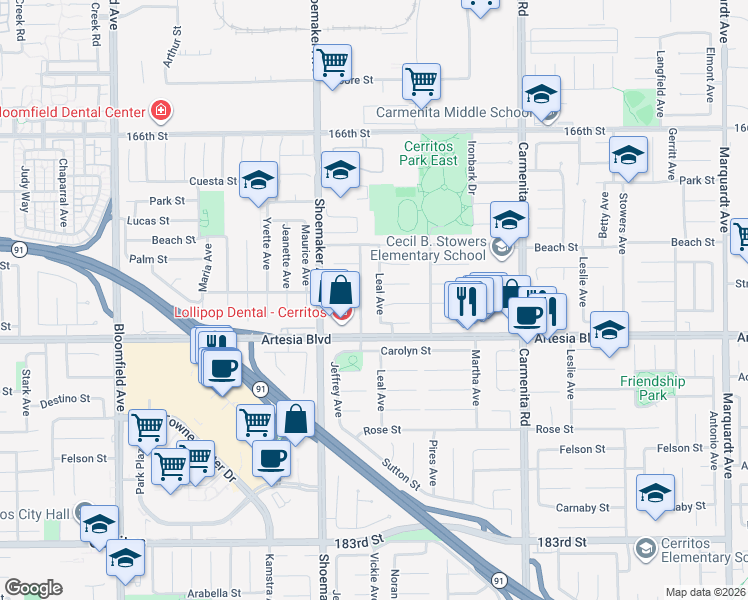 map of restaurants, bars, coffee shops, grocery stores, and more near 17149 Leal Avenue in Cerritos
