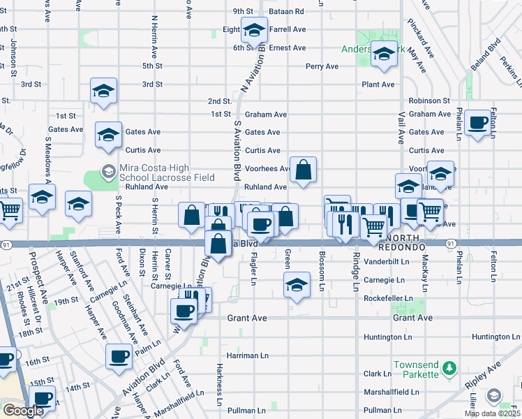 map of restaurants, bars, coffee shops, grocery stores, and more near 1916 Nelson Avenue in Redondo Beach