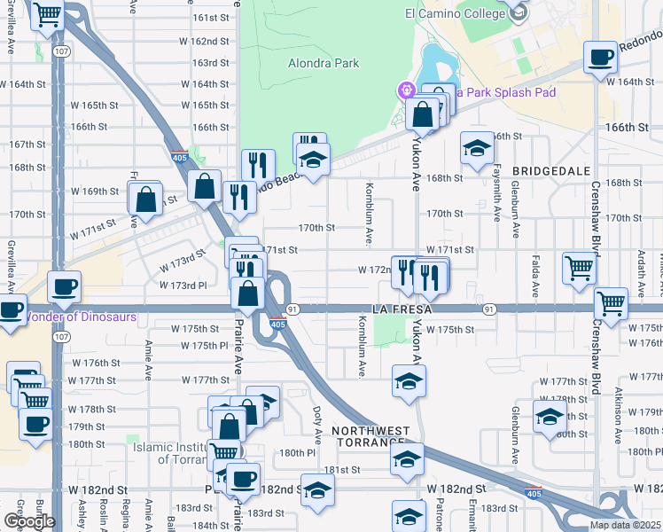 map of restaurants, bars, coffee shops, grocery stores, and more near 3749 West 172nd Street in Torrance