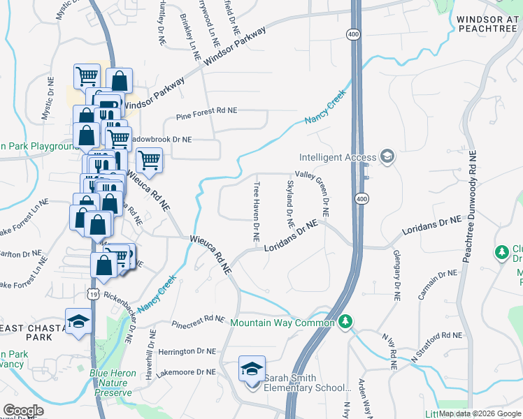 map of restaurants, bars, coffee shops, grocery stores, and more near 4379 Tree Haven Drive Northeast in Atlanta