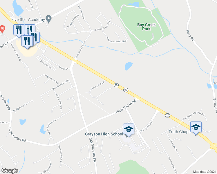 map of restaurants, bars, coffee shops, grocery stores, and more near 190 Lacey Oak Lane in Loganville