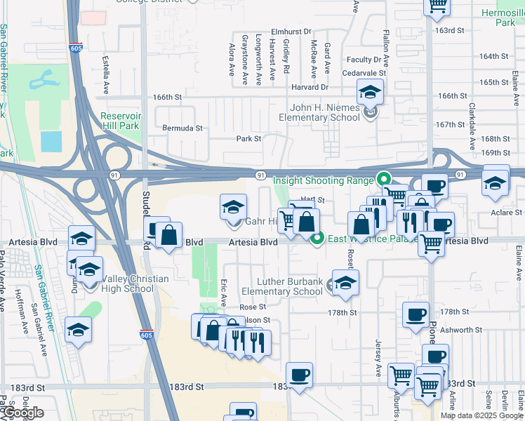 map of restaurants, bars, coffee shops, grocery stores, and more near 11336 Aclare Circle in Cerritos