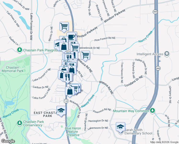map of restaurants, bars, coffee shops, grocery stores, and more near 340 West Wieuca Road Northeast in Atlanta