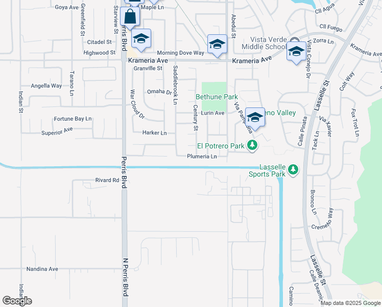 map of restaurants, bars, coffee shops, grocery stores, and more near 25334 Plumeria Ln in Moreno Valley