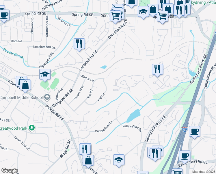 map of restaurants, bars, coffee shops, grocery stores, and more near 2308 Jay Lane in Smyrna