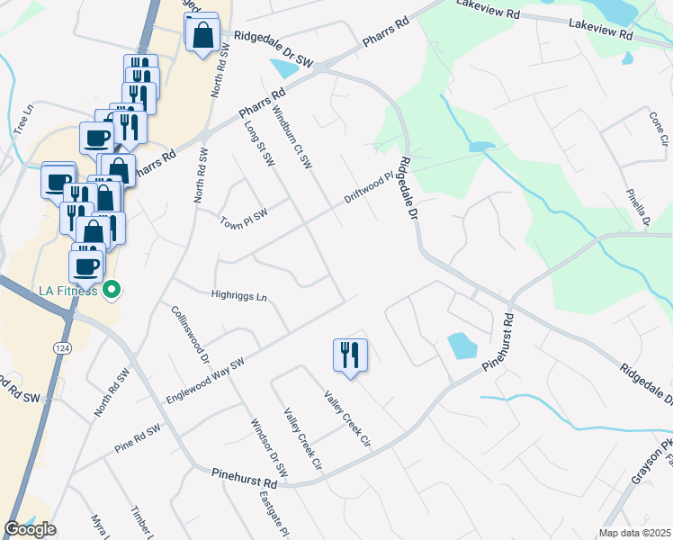map of restaurants, bars, coffee shops, grocery stores, and more near 2036 Long Street Southwest in Snellville