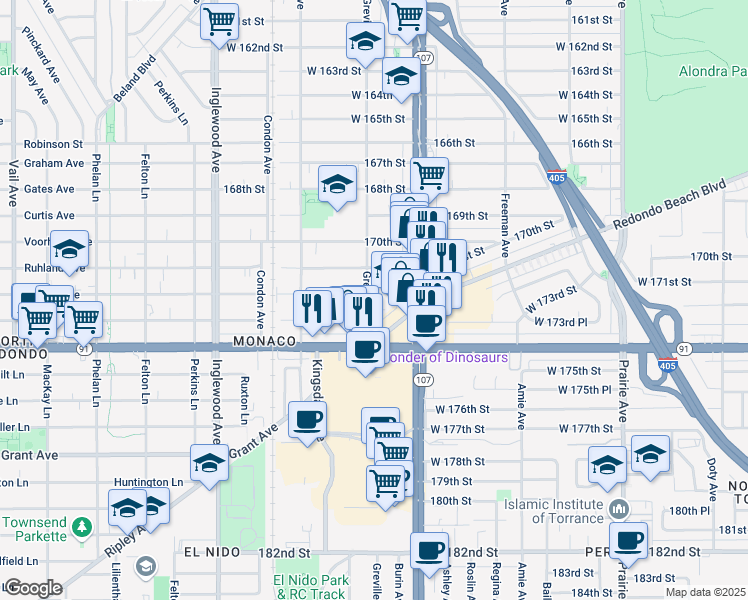 map of restaurants, bars, coffee shops, grocery stores, and more near 4450 West 172nd Street in Lawndale