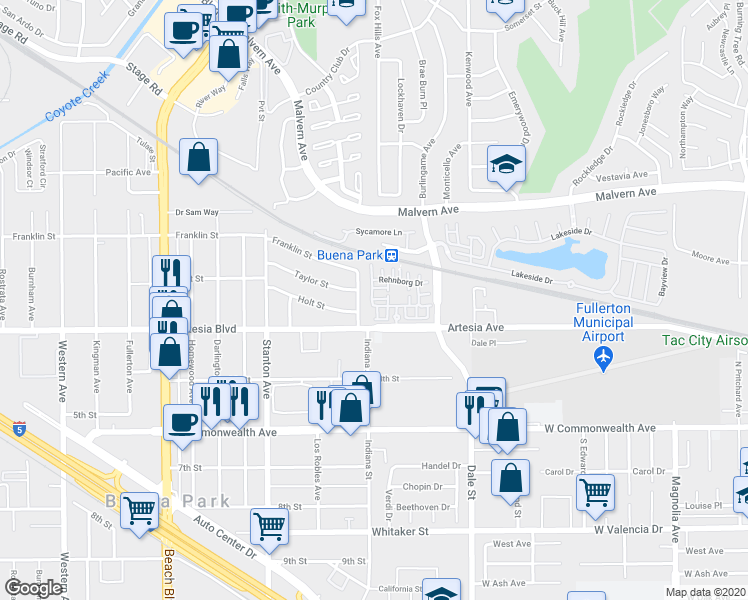map of restaurants, bars, coffee shops, grocery stores, and more near 11 Sutherland Court in Buena Park