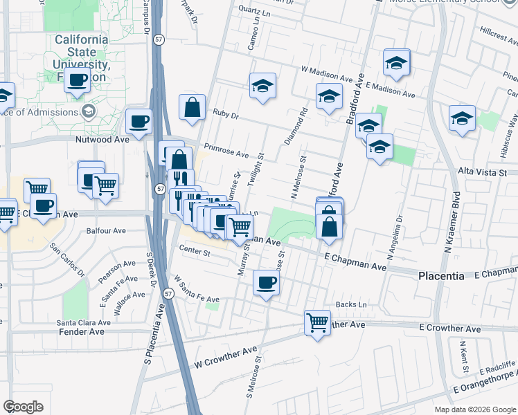 map of restaurants, bars, coffee shops, grocery stores, and more near 449 Melody Lane in Placentia