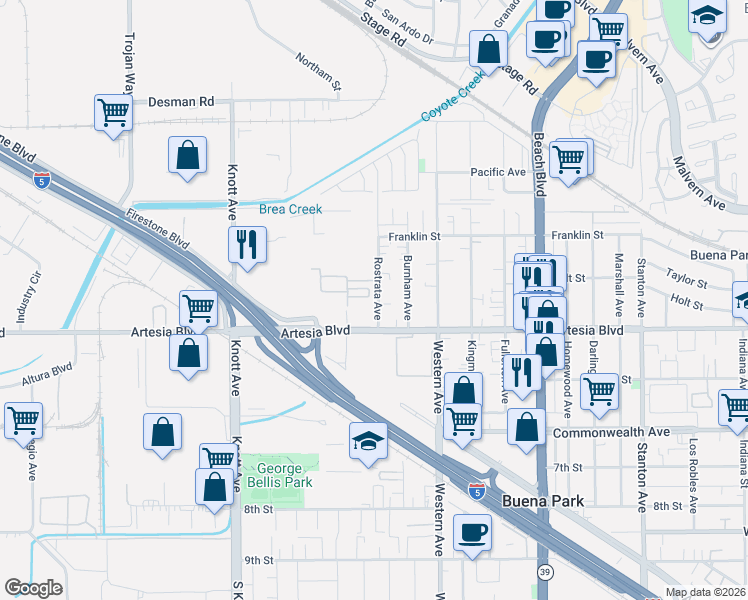map of restaurants, bars, coffee shops, grocery stores, and more near 5869 Rostrata Avenue in Buena Park